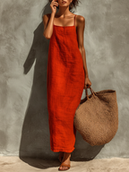 Red Square Neck Spaghetti Strap Dress