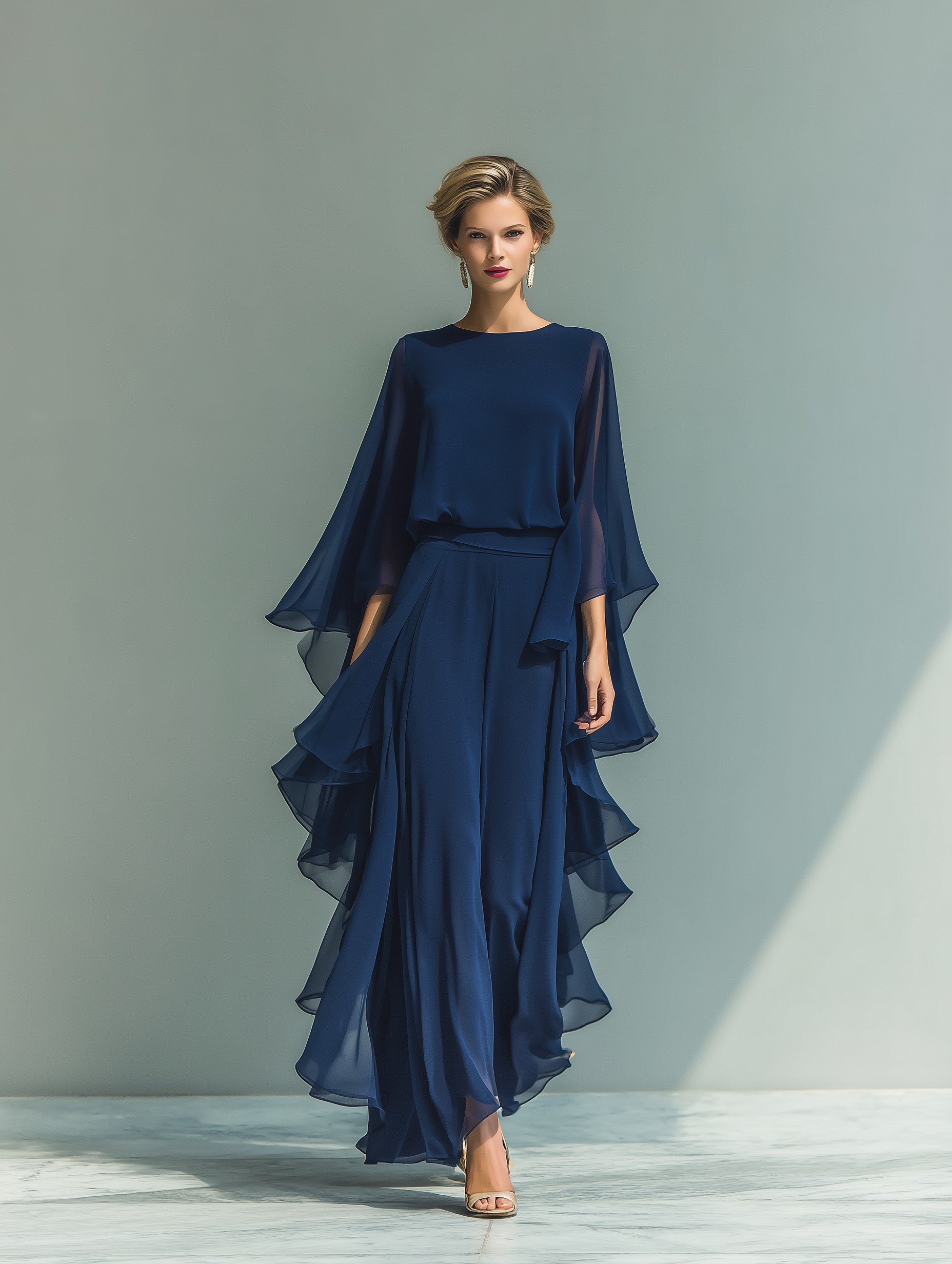 Navy Chiffon Flared Sleeve Top & Ruffled Trousers Set