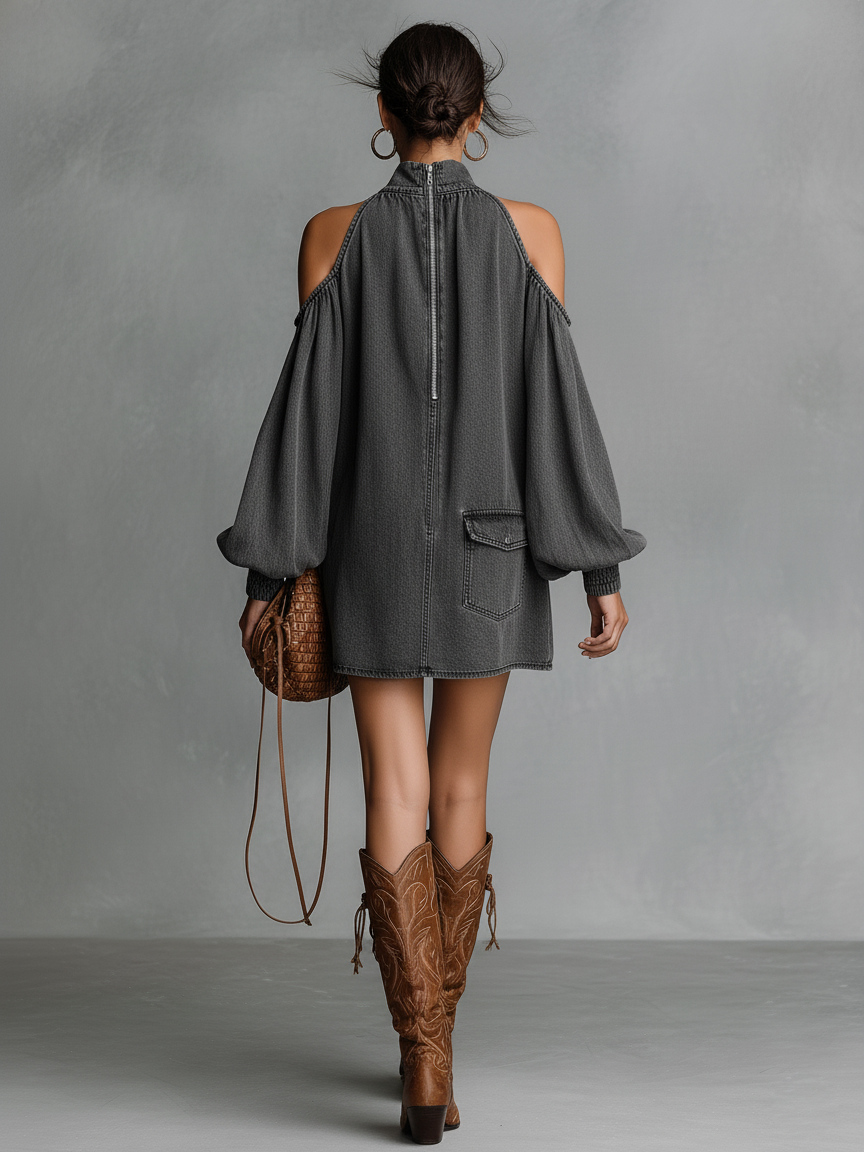 Washed Denim Off-Shoulder Mini Dress