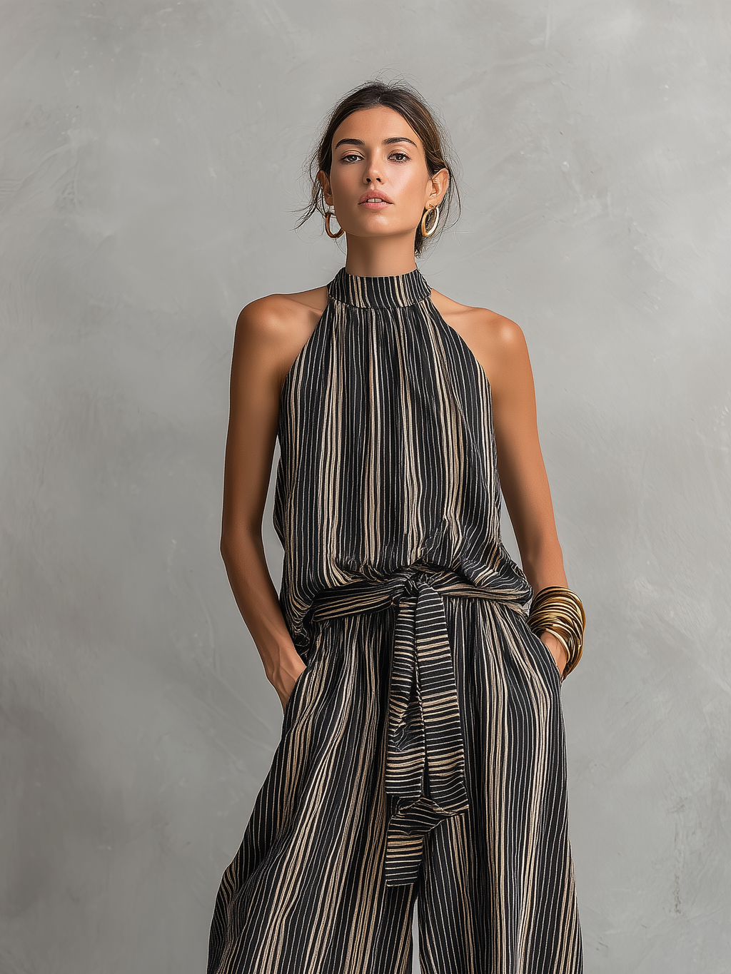 Striped Woven Sleeveless Top & Trousers Set