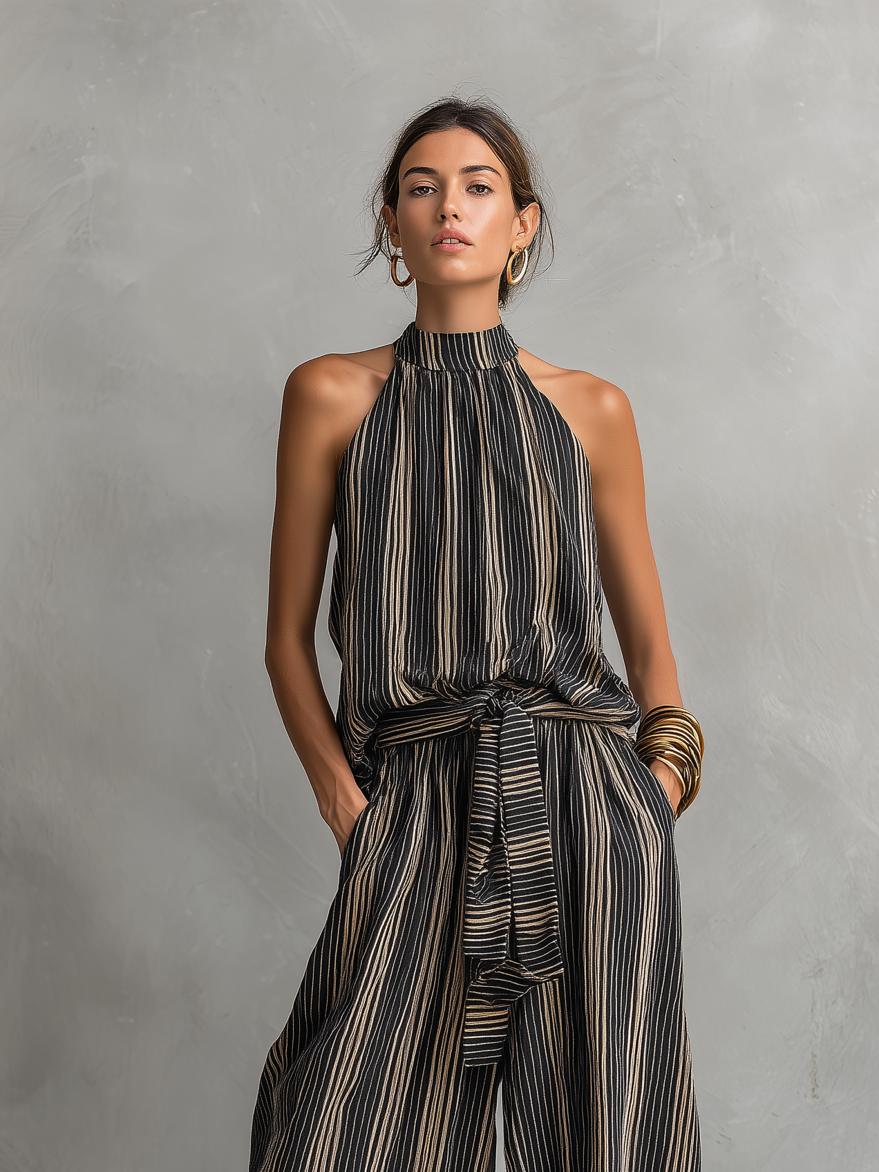 Striped Woven Sleeveless Top & Trousers Set