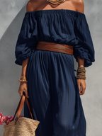Dark Blue Cotton Linen Round-Neck Sleeveless Jumpsuit