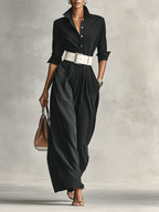 Lapel Single-Breasted Belted Long-Sleeve Jumpsuit
