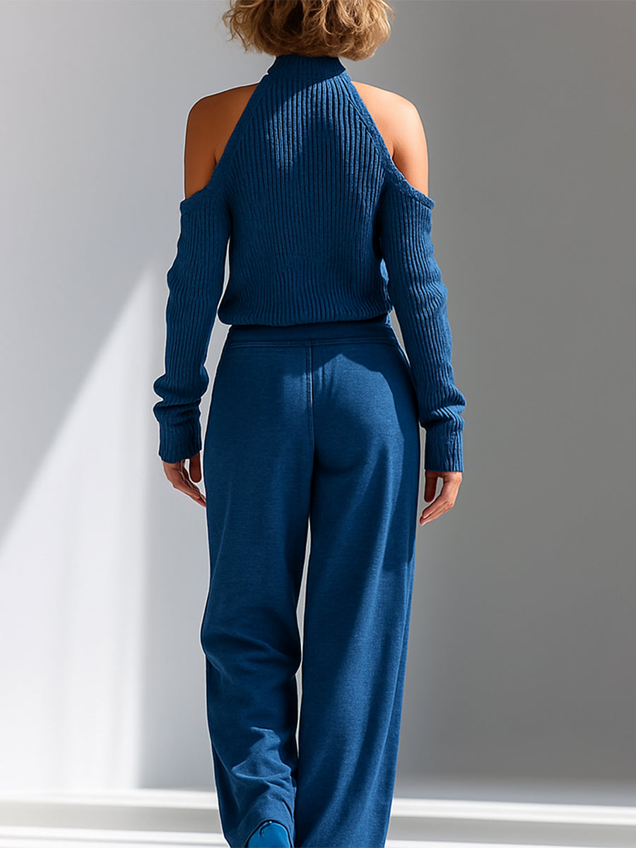 Ribbed Cold-Shoulder Knit Sweater & Wide-Leg Set