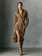Suede Lapel Single-Breasted Midi Dress