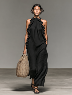 Linen Blend Ruffle Detail Sleeveless Maxi Dress