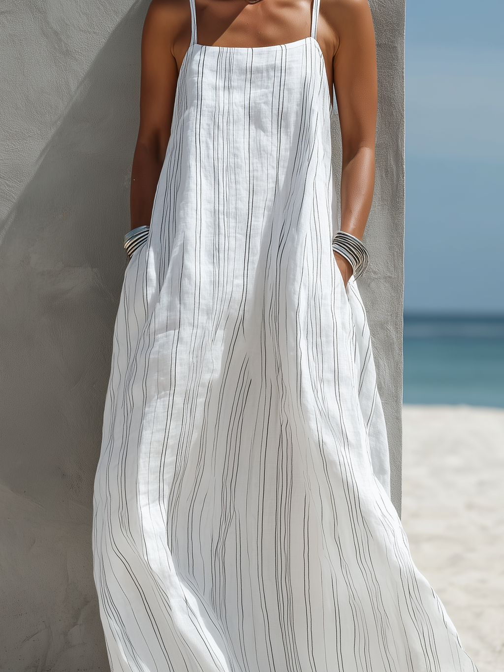 White Striped Sleeveless Woven Long Dress