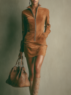 Caramel Suede Zipper Stand Collar Mini Dress