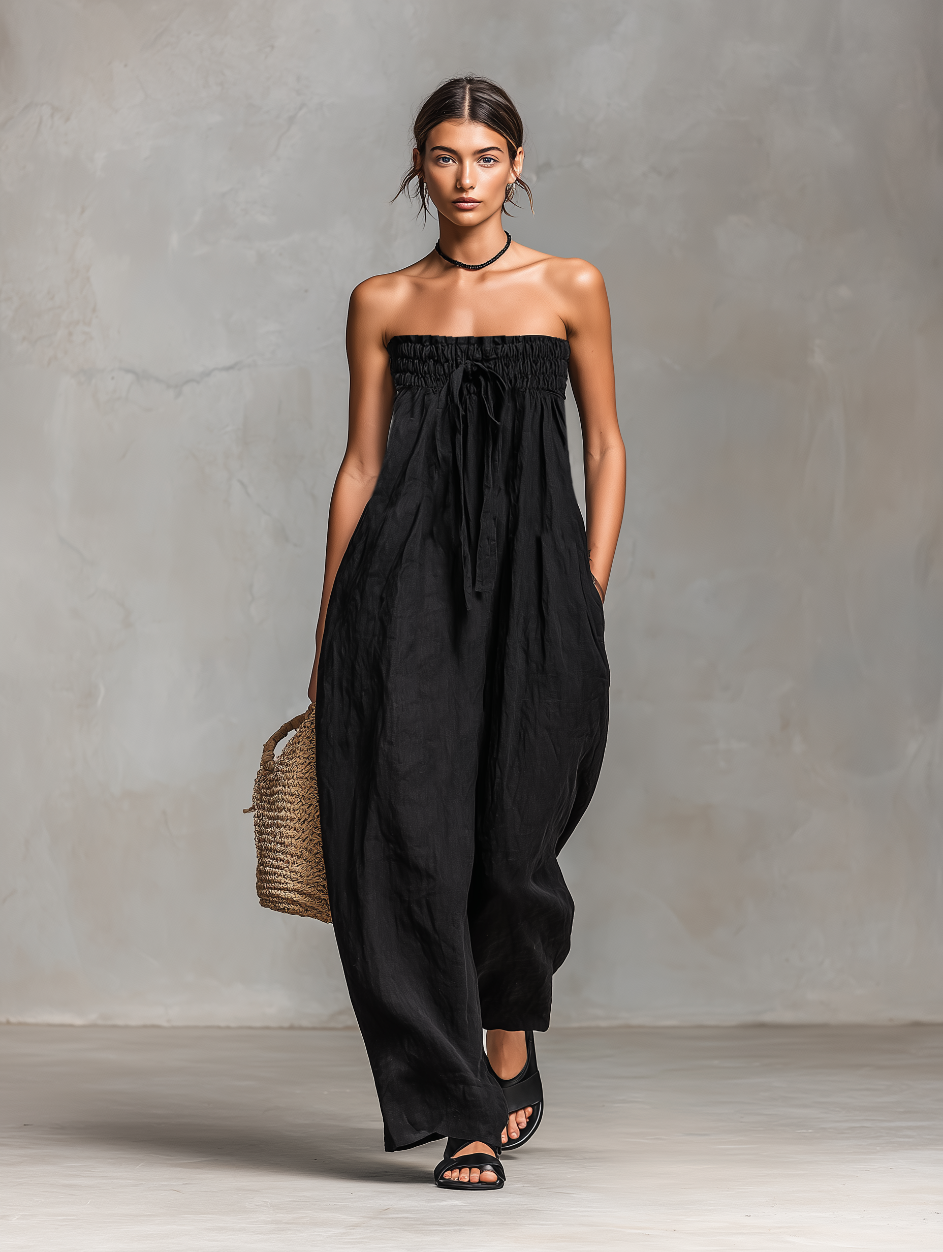 Linen Strapless Tie-Waist Jumpsuit