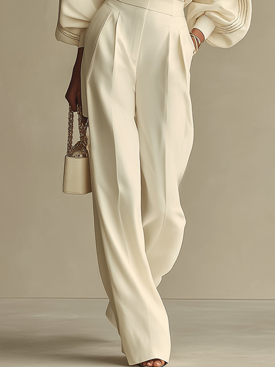 Ivory High-Waist Wide-Leg Woven Trousers