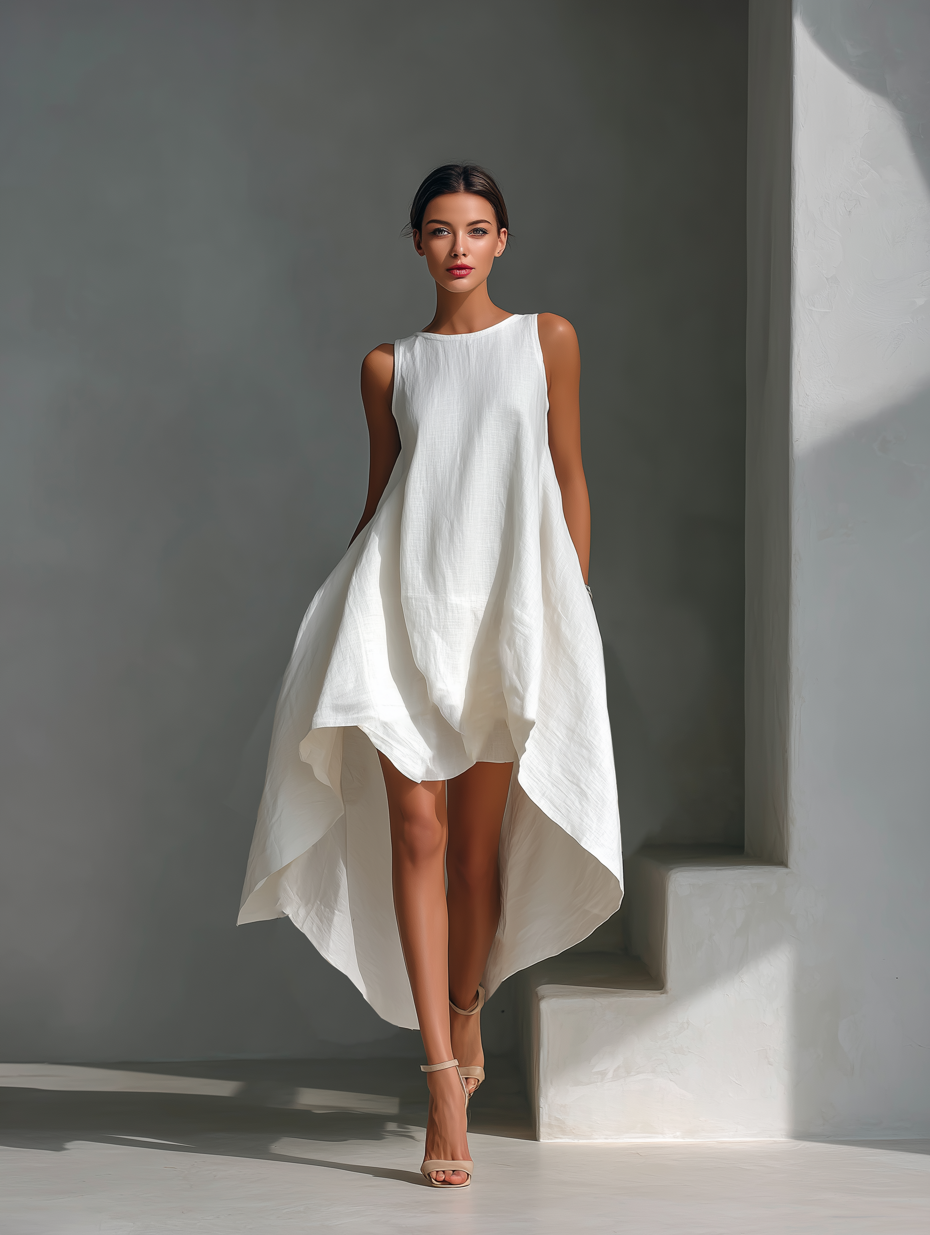 White Linen Asymmetric Hem Midi Dress