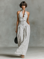 Striped Linen Single-Breasted Sleeveless Jumpsuit