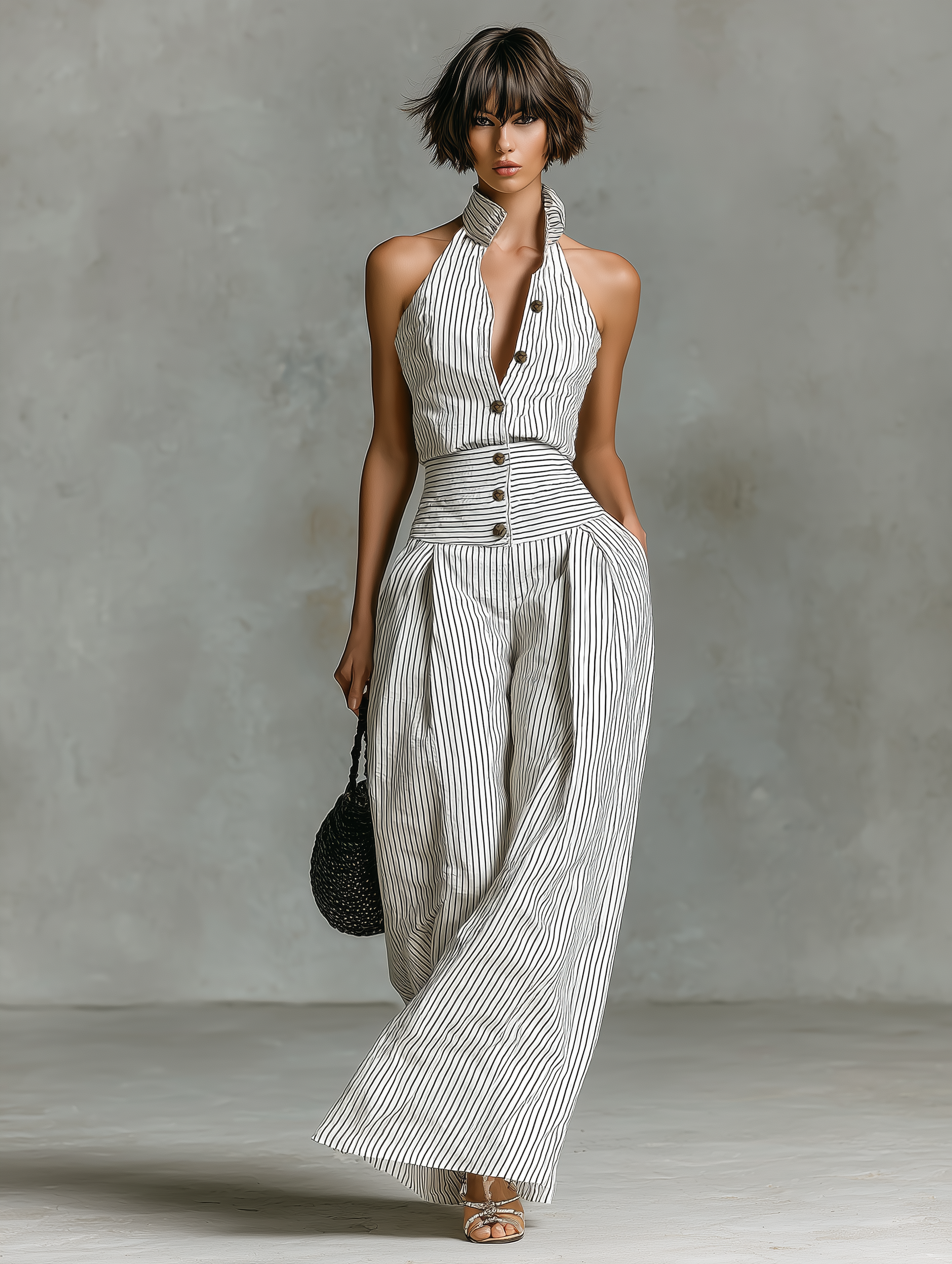 Striped Linen Single-Breasted Sleeveless Jumpsuit