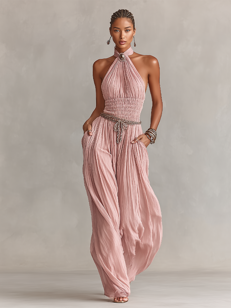 Blush Halter Neck Pleated Ruched Jumpsuit