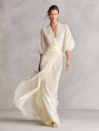 Ivory Sheer Chiffon Puff Sleeve Wrap Dress
