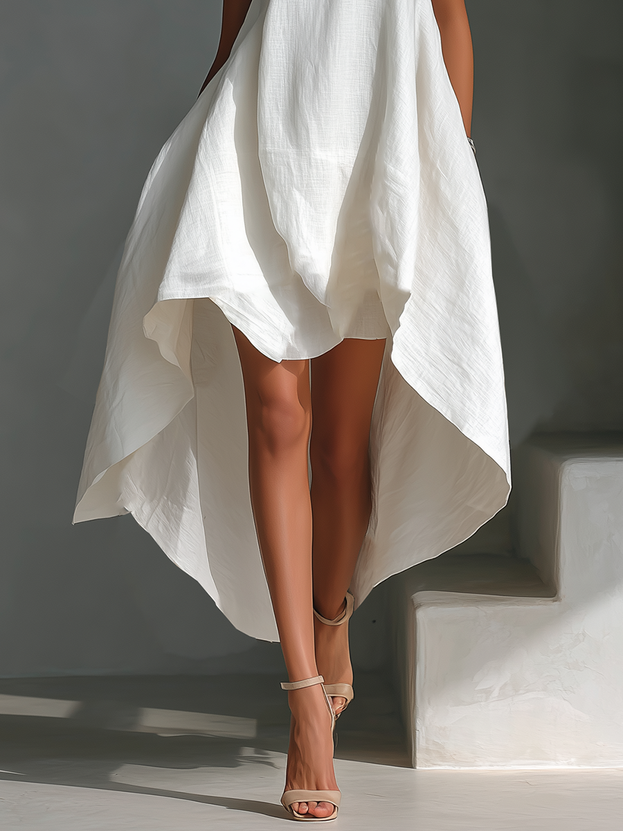 White Linen Asymmetric Hem Midi Dress