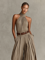 Taupe Halter Neck Wide-Leg Jumpsuit