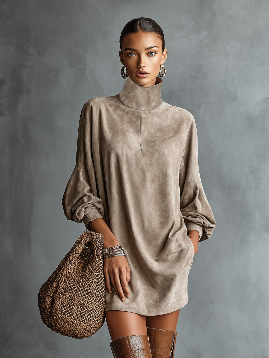 Faux Suede High-Neck Mini Dress