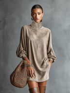 Faux Suede High-Neck Mini Dress