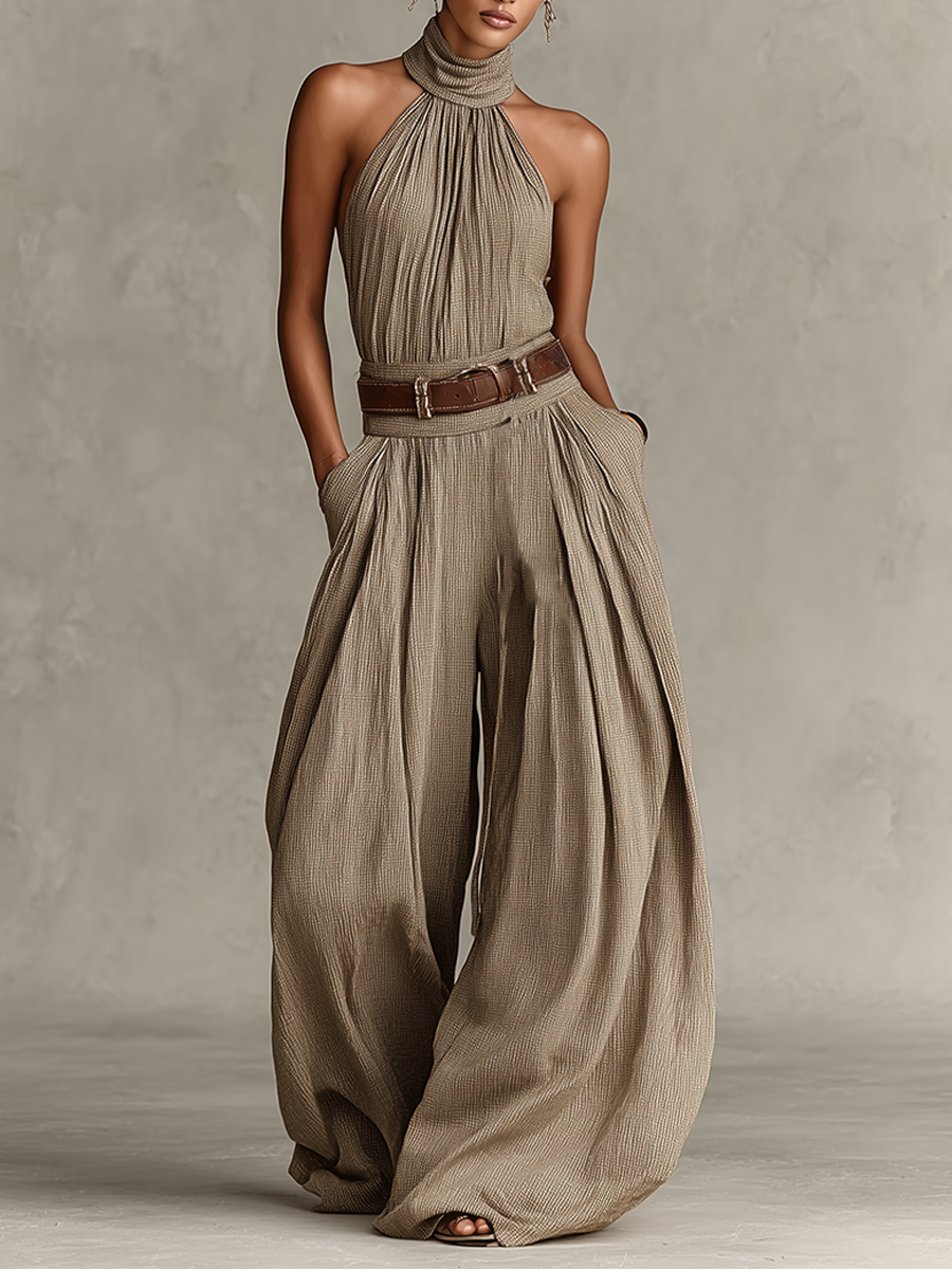 Taupe Halter Neck Wide-Leg Jumpsuit