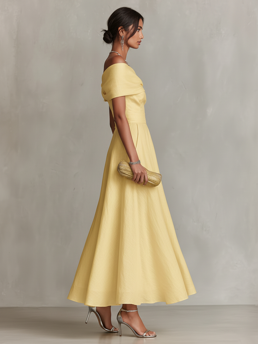Yellow Linen One-Shoulder Fitted Dress
