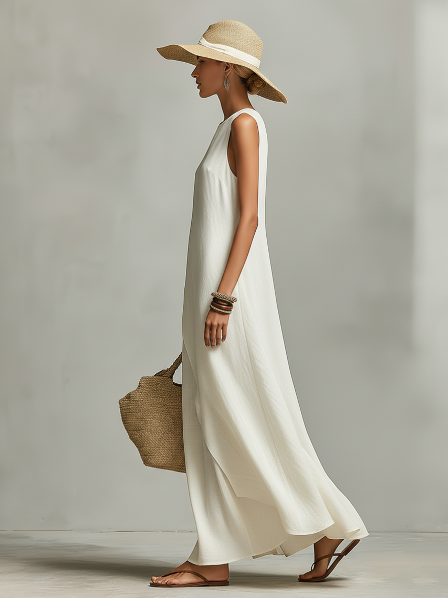 Ivory Linen Asymmetric Hem Dress