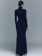 Women's Navy Elegant Stretch Polyester-Cotton Blend Turtleneck Draped Maxi Dress MDA1742J1I