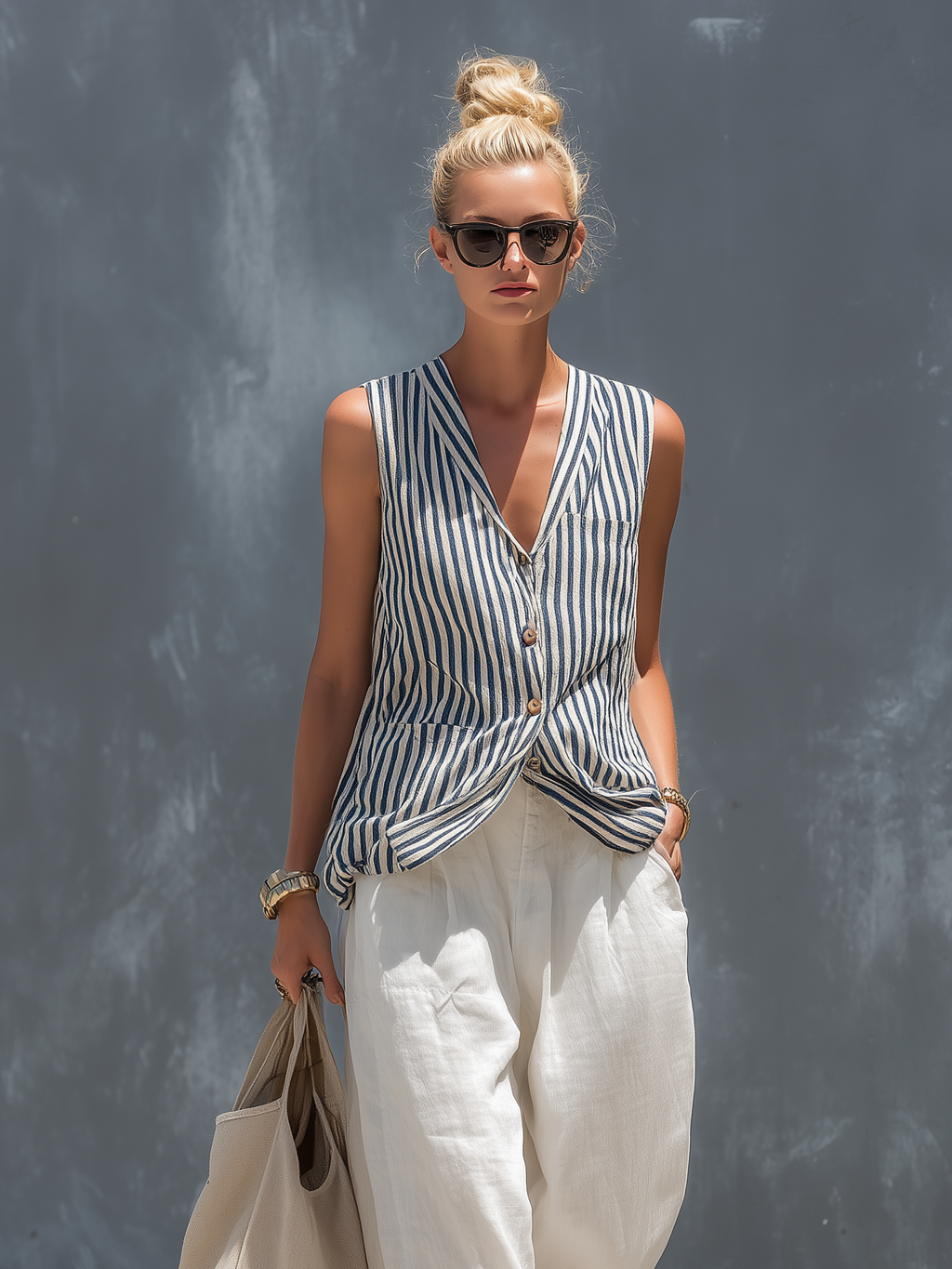 Striped Woven Vest & Linen Trousers Set