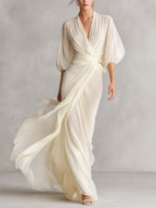 Ivory Sheer Chiffon Puff Sleeve Wrap Dress