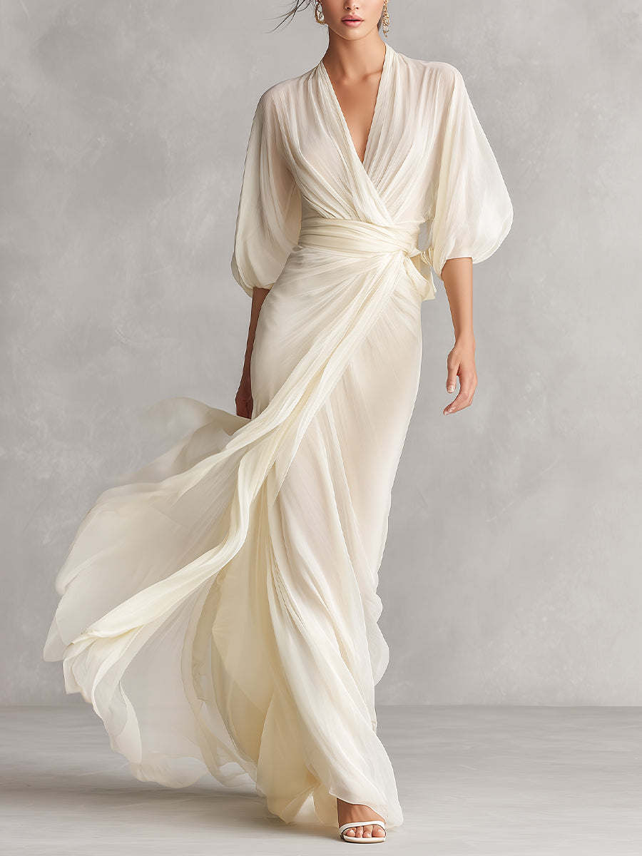 Ivory Sheer Chiffon Puff Sleeve Wrap Dress