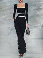 Women's Black And White Trim Square Neck Long Sleeve Tight Maxi Dress MDA1698G8Y
