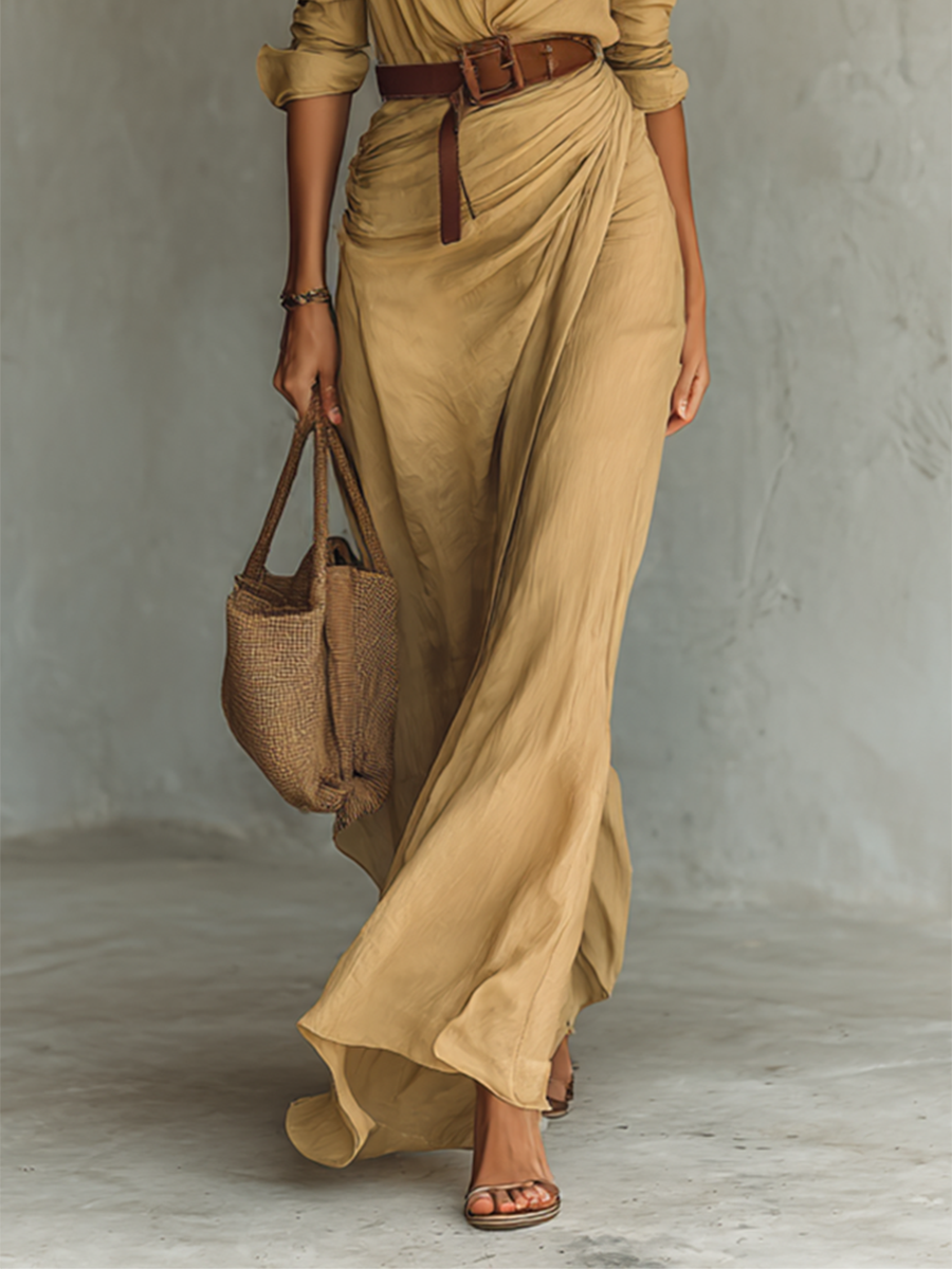 Lapel Belted Long Sleeve Maxi Dress