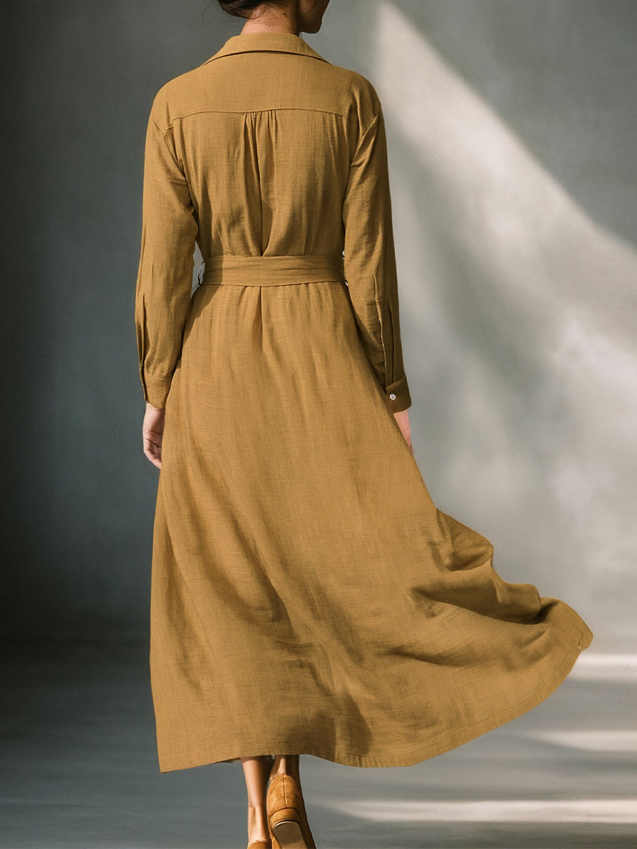 Mustard Linen Button-Front Belted Midi Shirt Dress