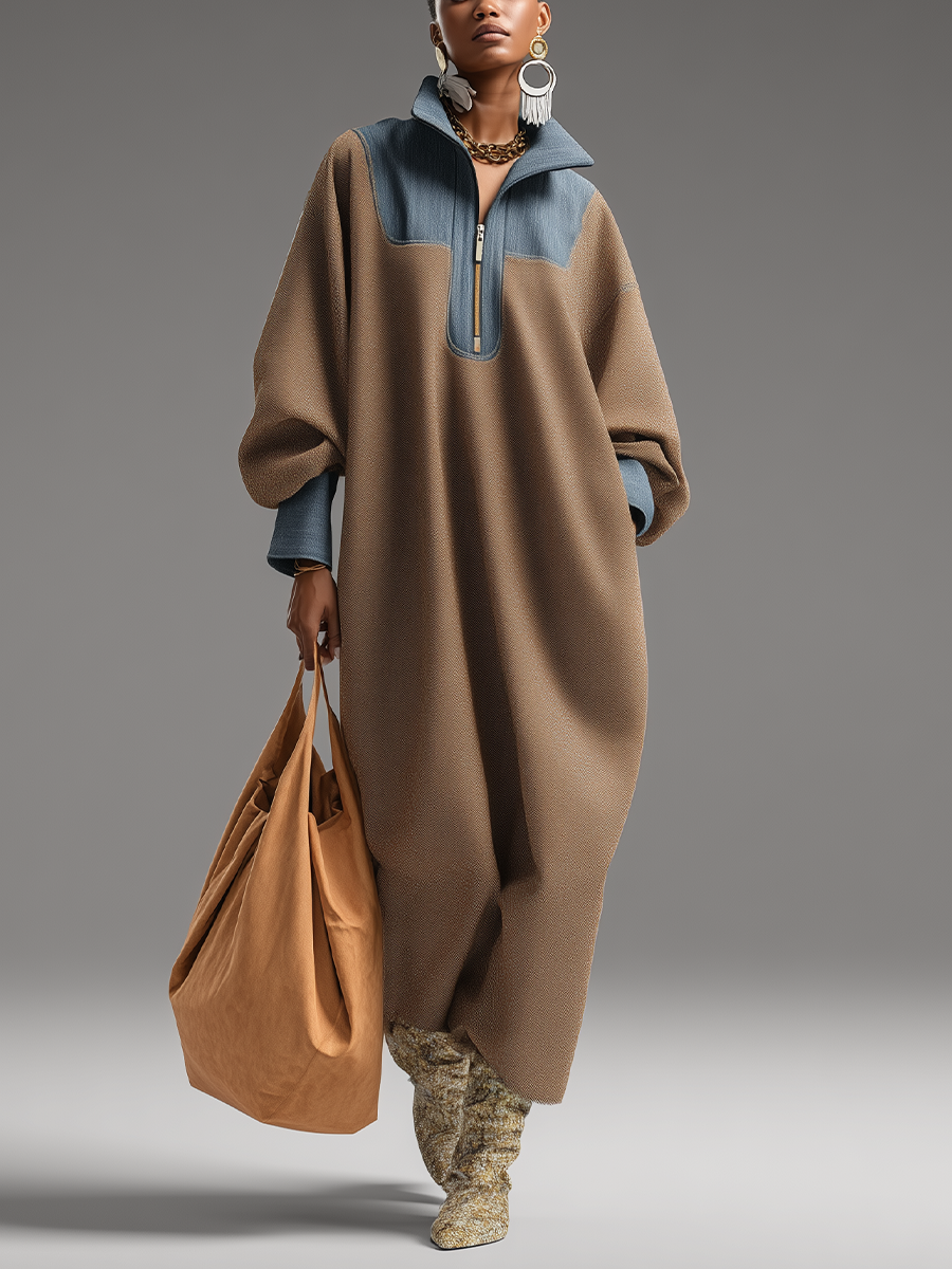 Brown & Denim Color-Block Long Dress