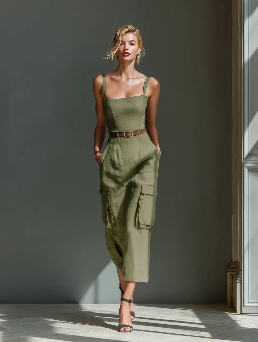 Olive Linen Cargo Belted Midi Dress