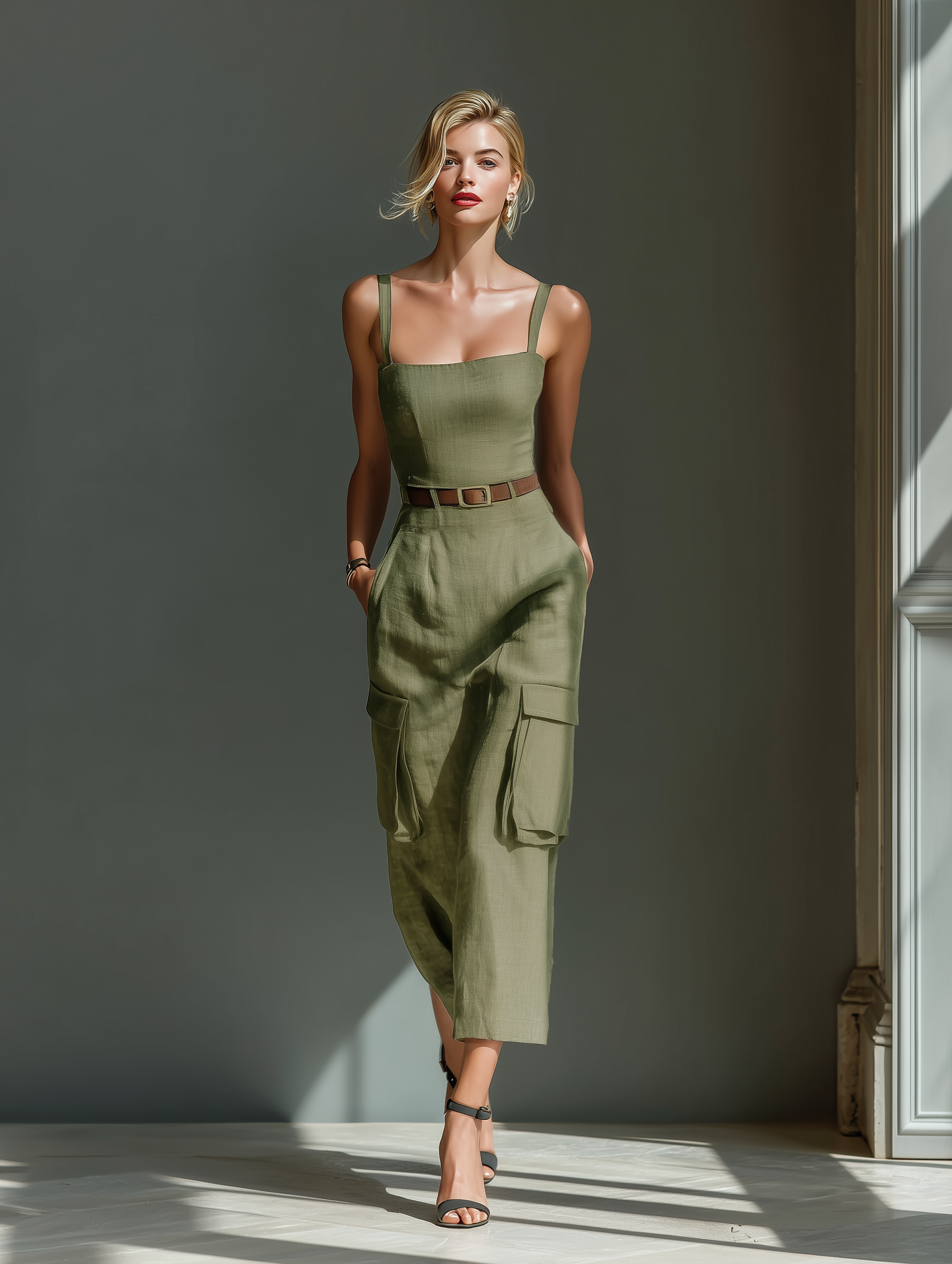 Olive Linen Cargo Belted Midi Dress
