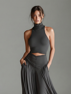 Charcoal Knit Halter Turtleneck Cutout Dress