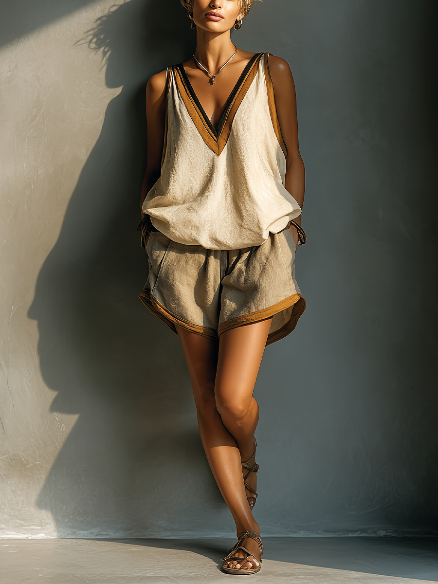 Beige Contrast Trim Tank Top & Shorts Set