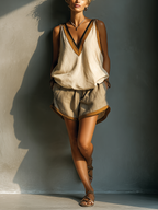 Beige Contrast Trim Tank Top & Shorts Set