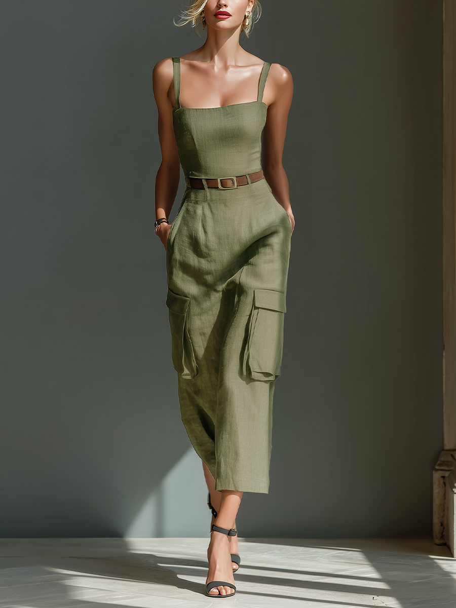 Olive Linen Cargo Belted Midi Dress
