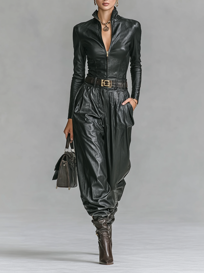 PU Leather Zipper Stand Collar Set