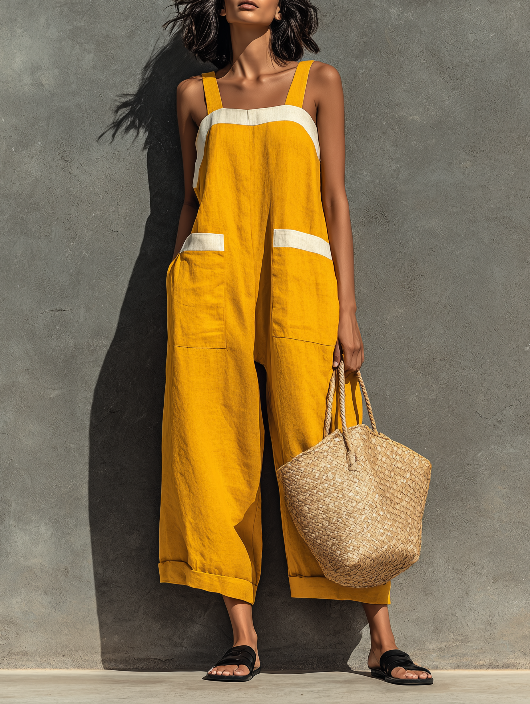 Linen Square Neck Strapless Loose Jumpsuit