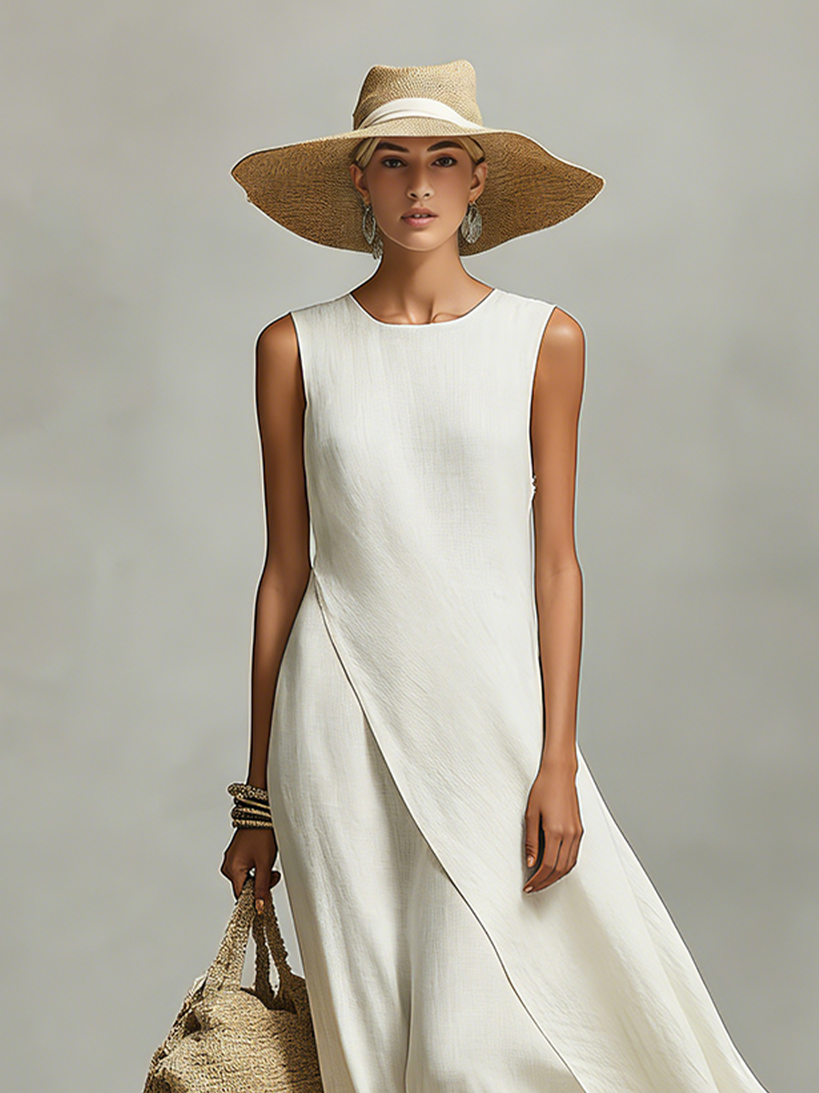 Ivory Linen Asymmetric Hem Dress