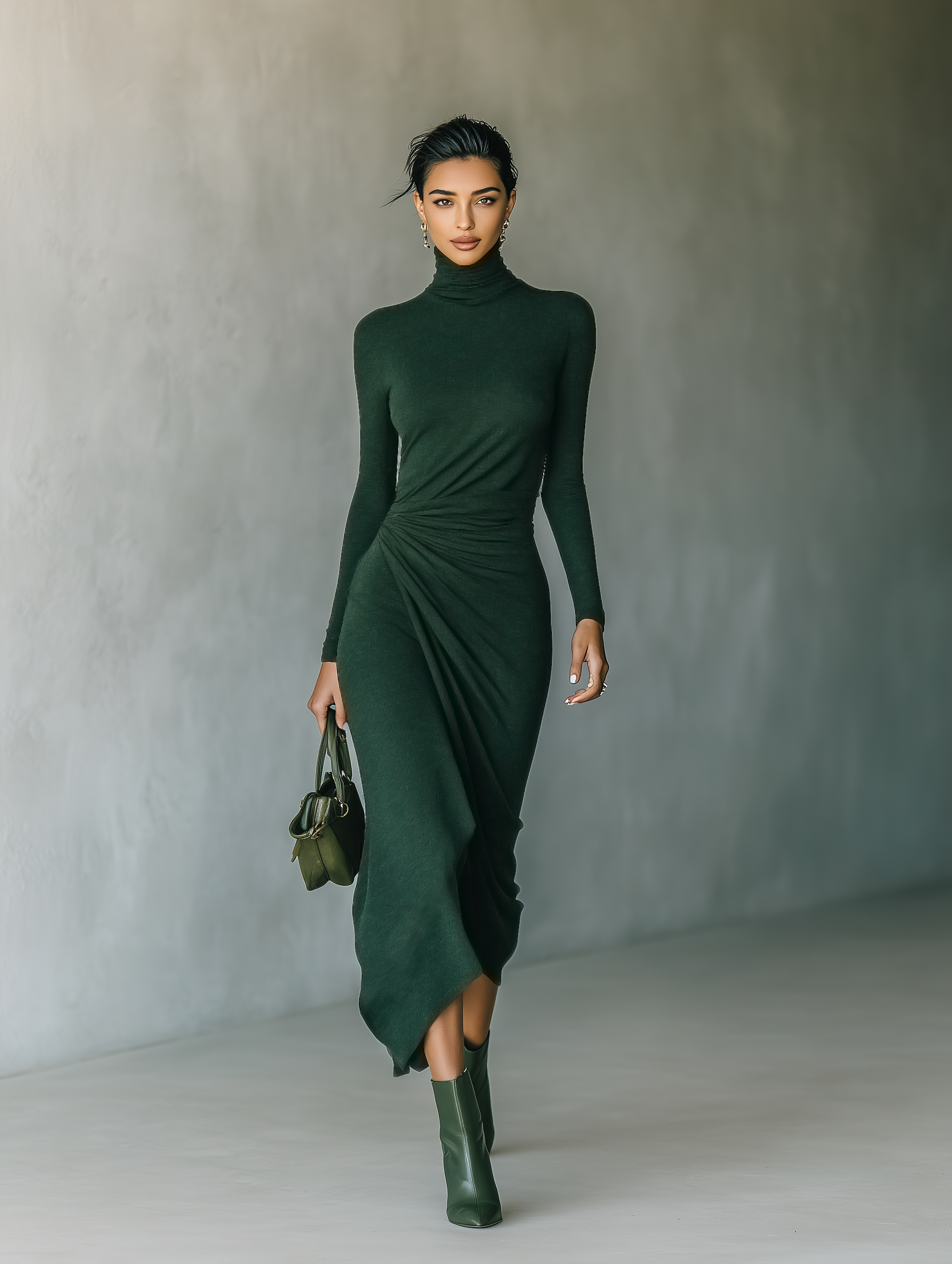 Dark Green High-Neck Knit Wrap Midi Dress