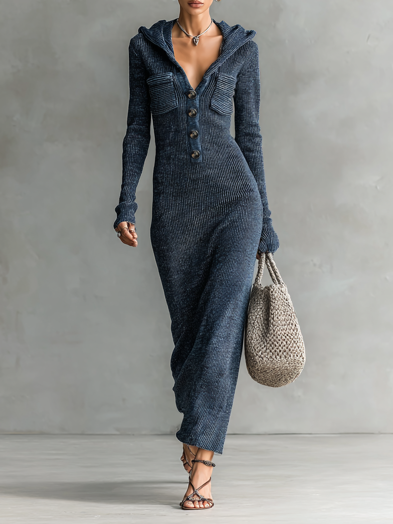 Hooded Knit Slim Maxi Dress