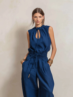 Dark Blue Cotton Linen Round-Neck Sleeveless Jumpsuit