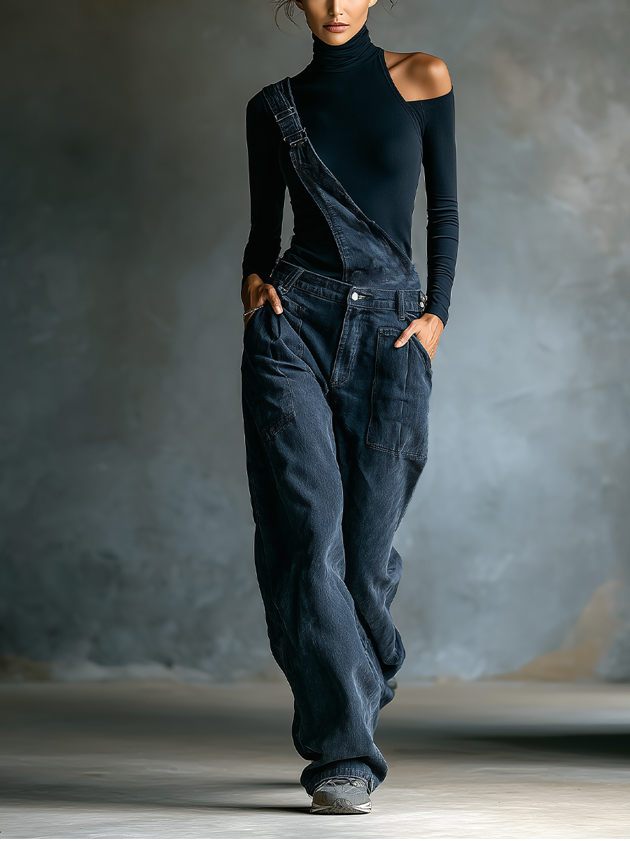 One-Shoulder Top & Denim Overalls Set
