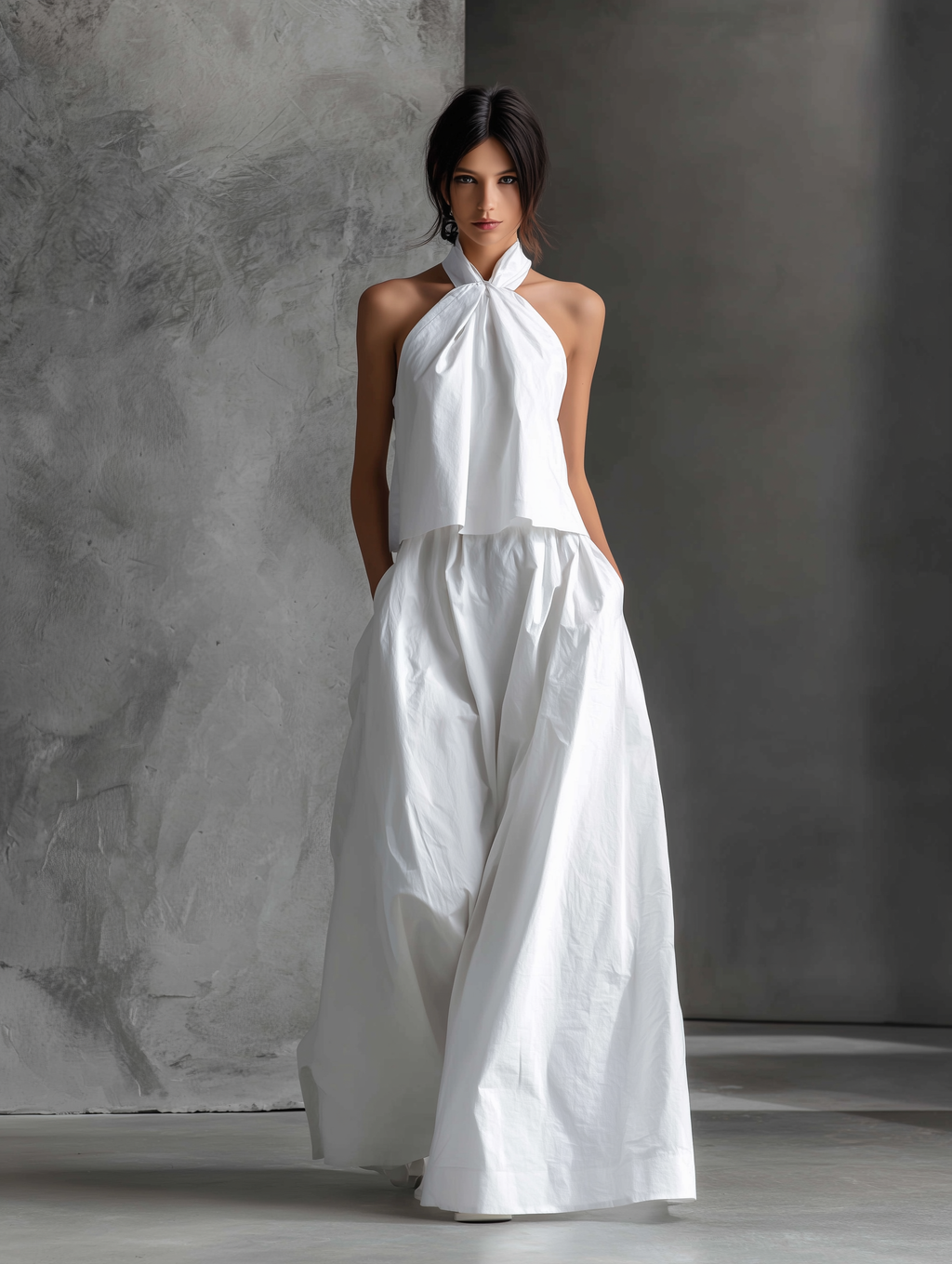 White Linen Halter-Neck Top & Skirt Set