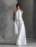 White Linen Halter-Neck Top & Skirt Set