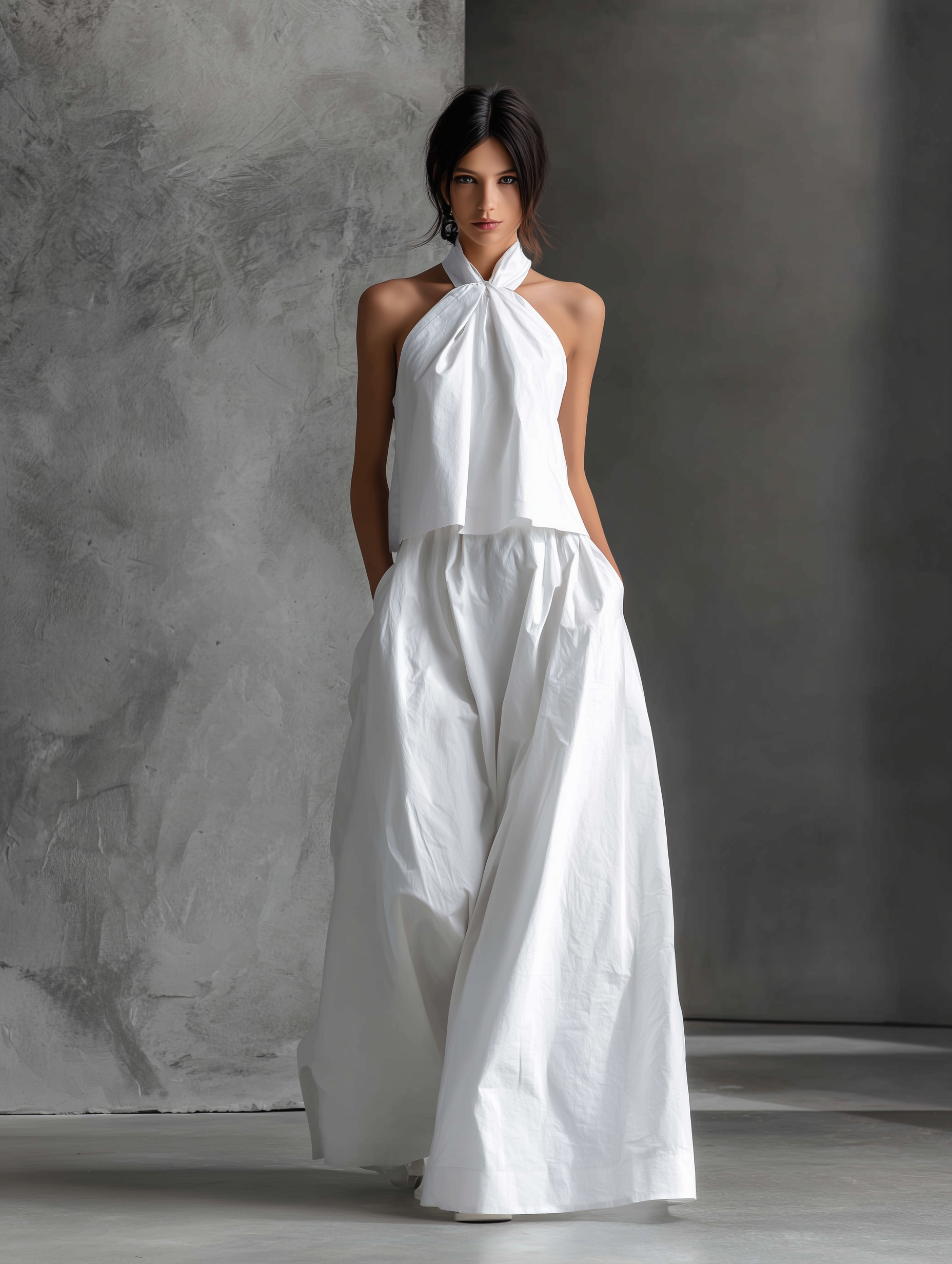 White Linen Halter-Neck Top & Skirt Set